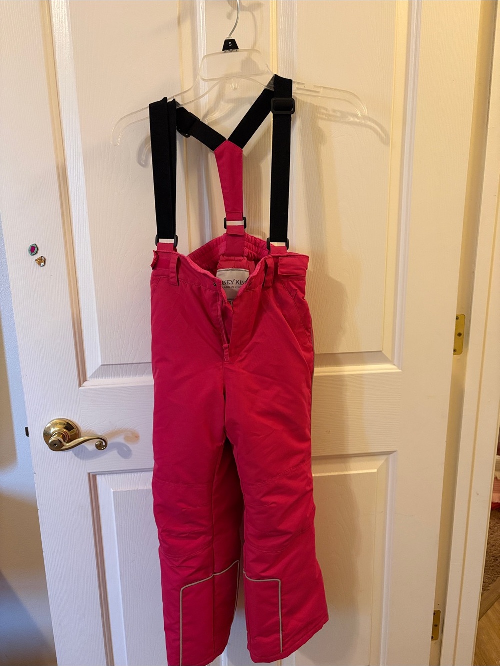 Pink Kids Snow Pants with Adjustable Black Suspenders - size 6/7